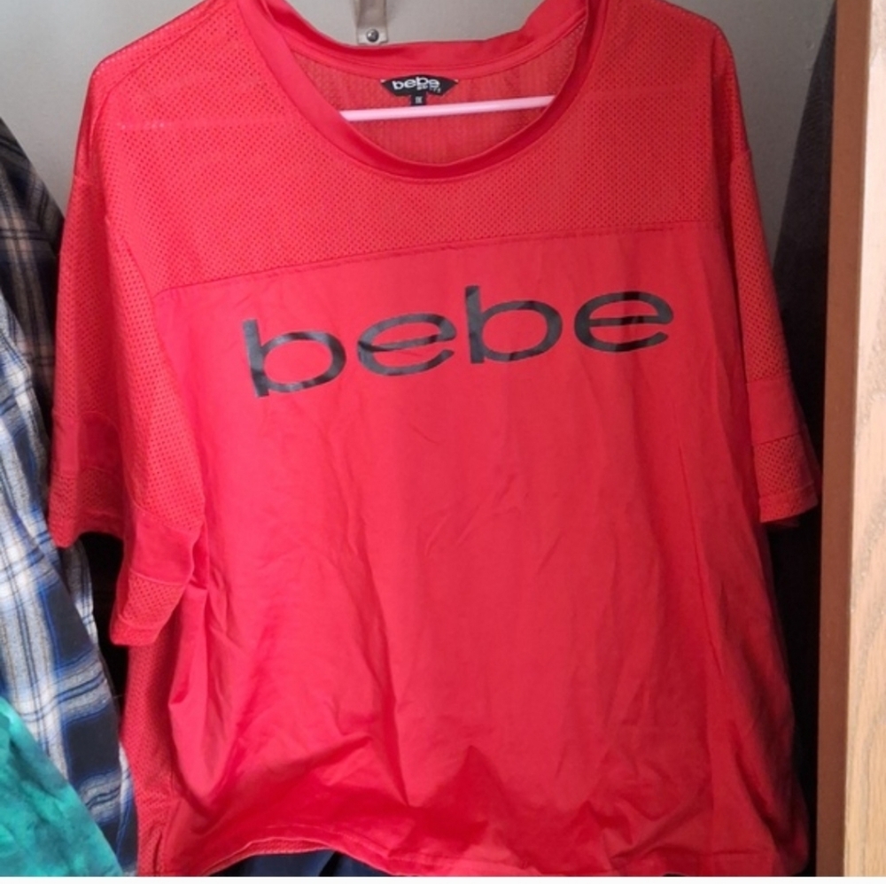 bebe Red Tee with Black Logo and Mesh Accents